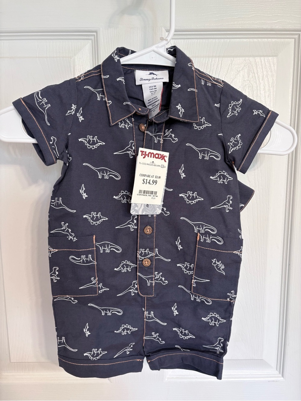 Tommy Bahama Cute Navy Dinosaur-Print Button Romper w/Hat